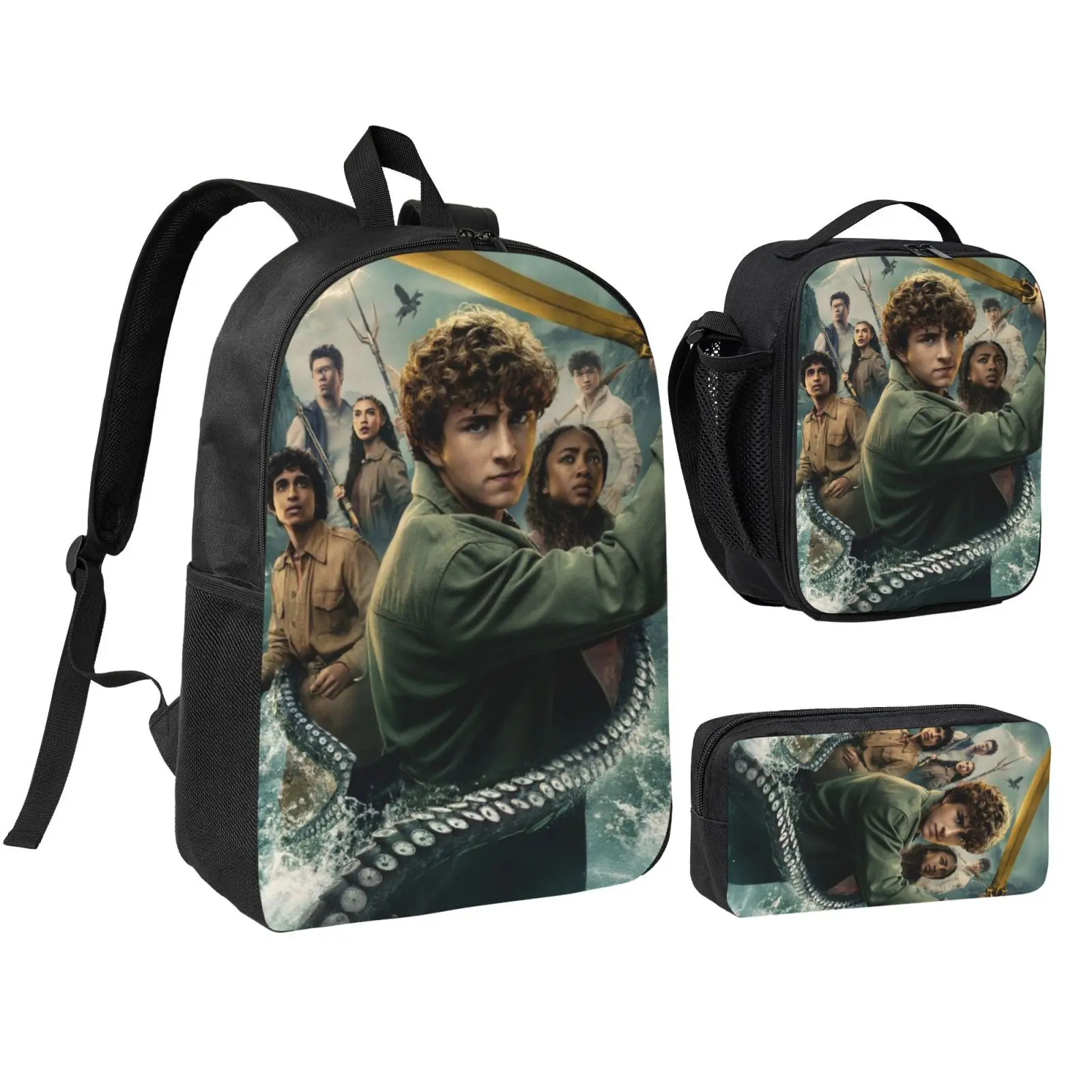 Anime Percy Jackson 3Pcs School Backpack Set for Teens Boys Girls, Adjustable Strap Kids Bookbag with Insulated Lunch Bag & Pencil Case, Lightweight Travel Office Daypack
