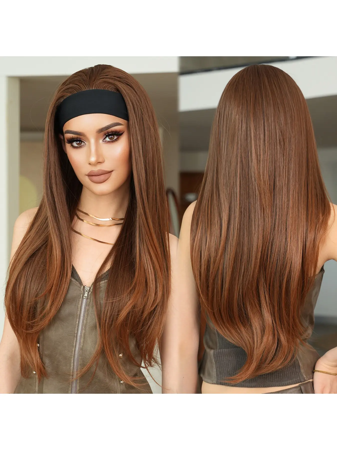 Black Lace Headband Wig for Women Sexy Street Style Full Lace Cap Wig Lightweight Breathable Comfortable Daily Wear Fashionable Layered Straight Hair Golden Brown Casual Stylish Bold Look