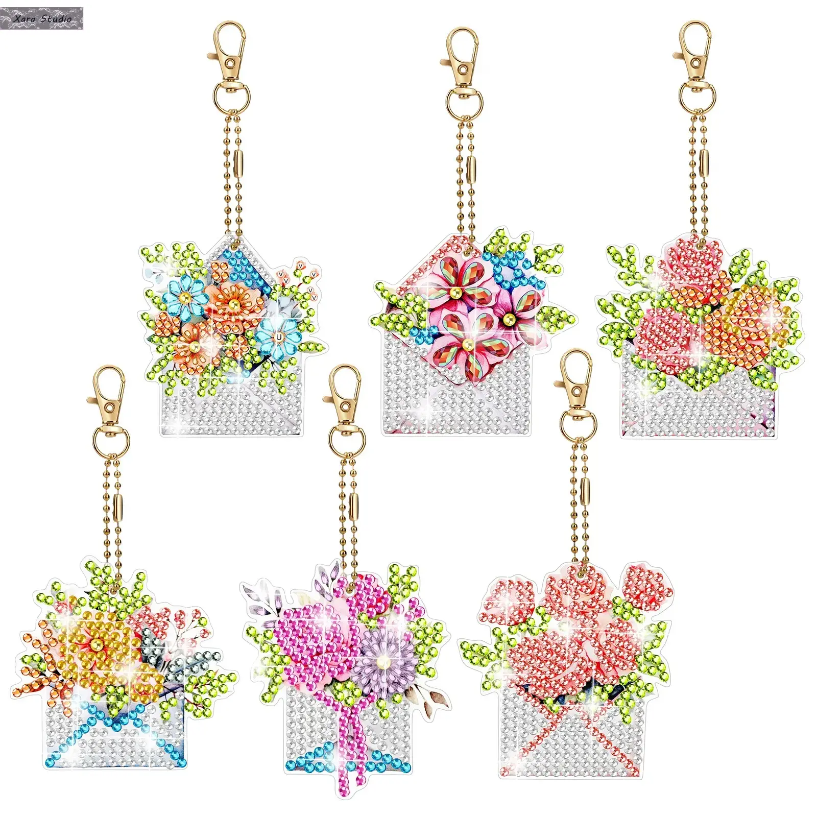 6-Piece DIY Keychain Making Kit, Elegant Polyester Hanging Ornaments with Flower & Envelope Design, Diamond Painting Craft for Beginners, Thanksgiving Multipack