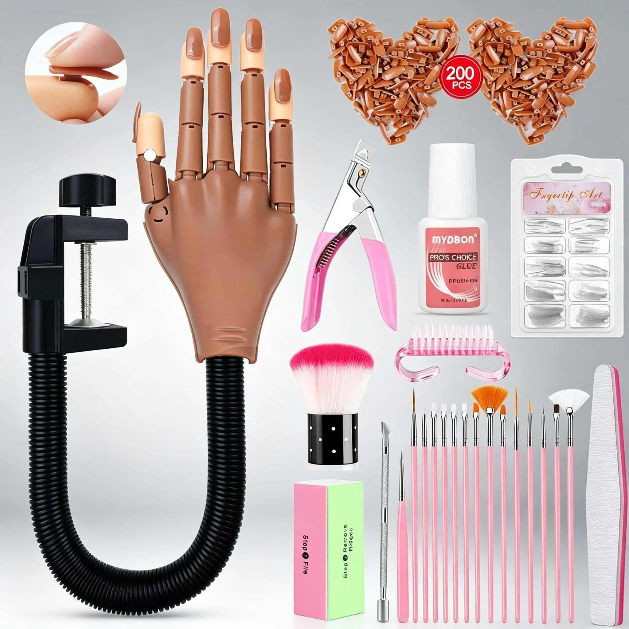 Acrylic Nail Practice Hand, Flexible Movable Mannequin Hand, Beginner Nail Training Kit with 200 Nail Tips, Tools, Brushes & Nail Clippers