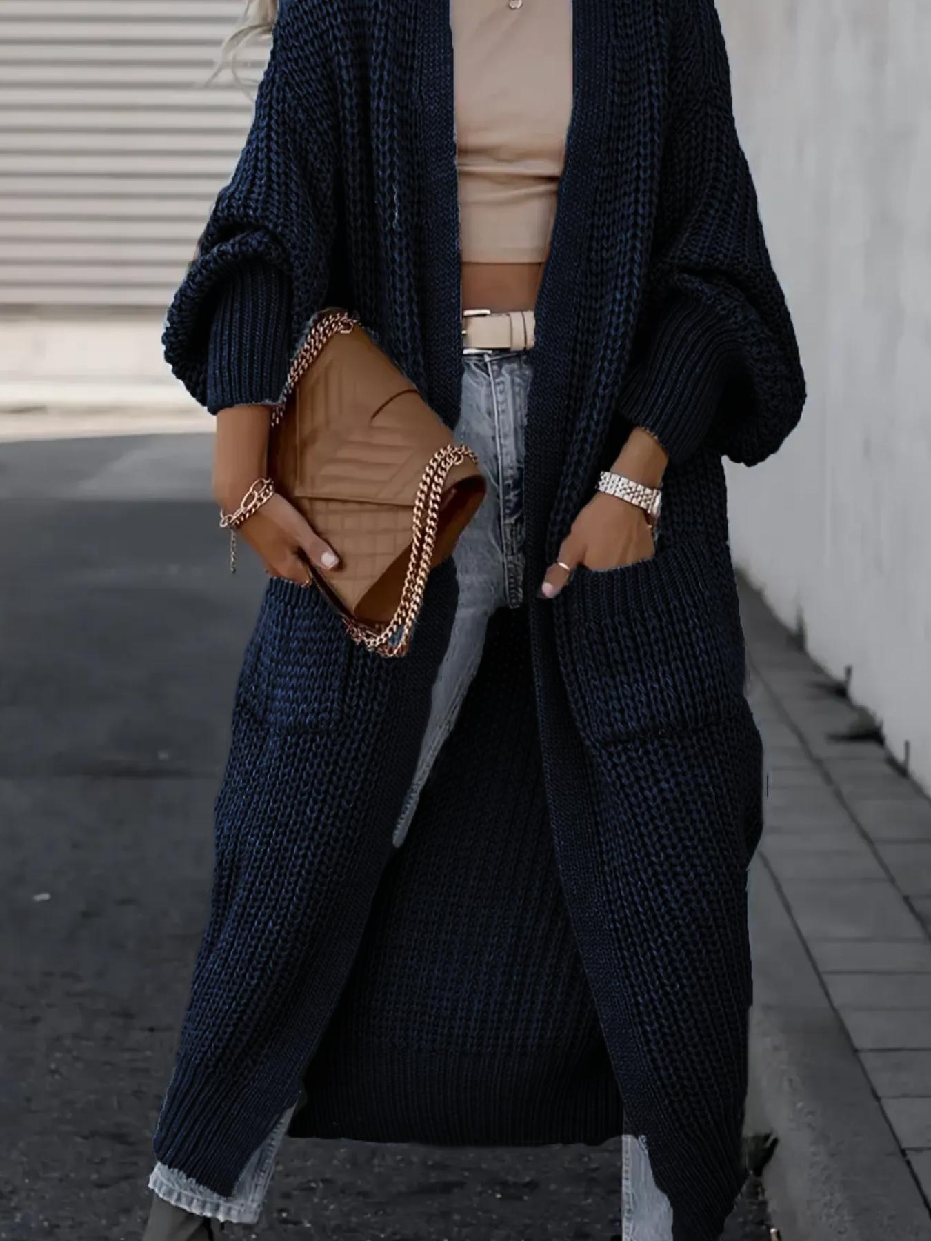 Women's Solid Drop Shoulder Long Cardigan, Womenswear Casual Long Sleeve Cardigan with Pockets, Ladies Knitwear for Spring & Fall Daily Wear, Sweaters for Women