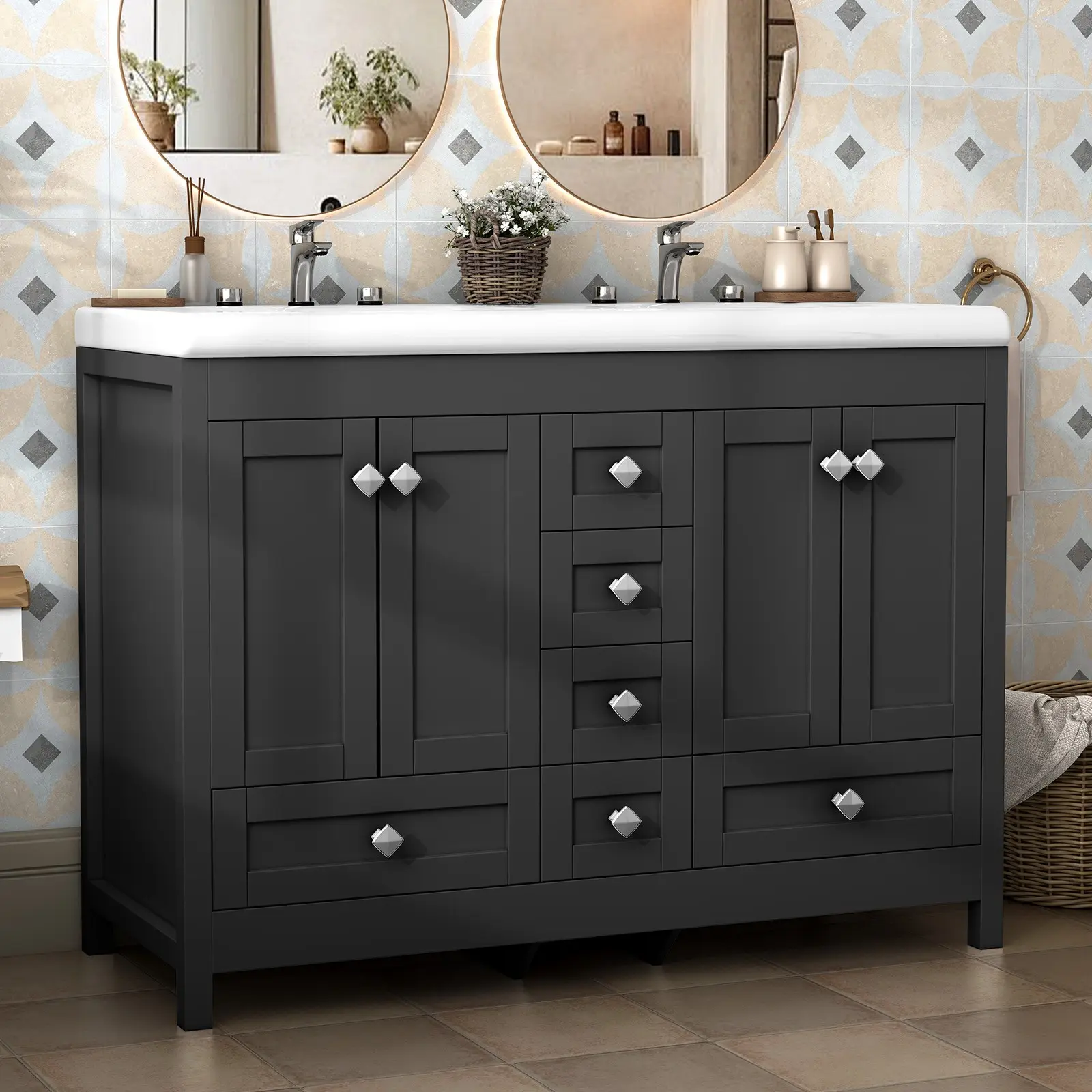 Black Bathroom Vanity with Double Ceramic Sinks, Freestanding Cabinet with 6 Drawers, Modern Bathroom Storage