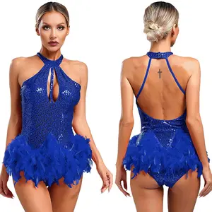 Womens Sequins Latin Jazz Dance Figure Skating Jumpsuit Halter Sleeveless Backless Feather Leotard Cha-Cha Tango Samba Dancewear