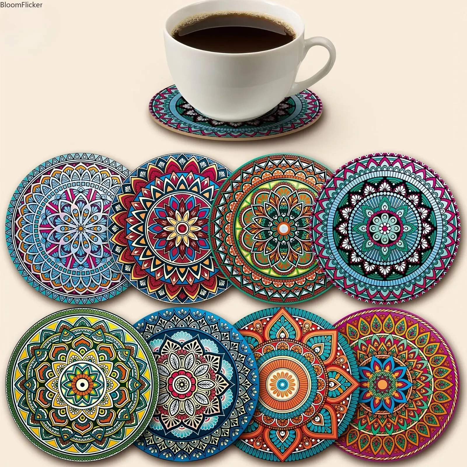 8 Pack Mandala Wooden Drink Coasters, Boho Decorative Heat Resistant Table Protection Cup Mats, Square 3.94 Inch Wood Coaster Set Ideal For Home Kitchen, Office Bar, Daily Use, Parties & Holiday Festivals