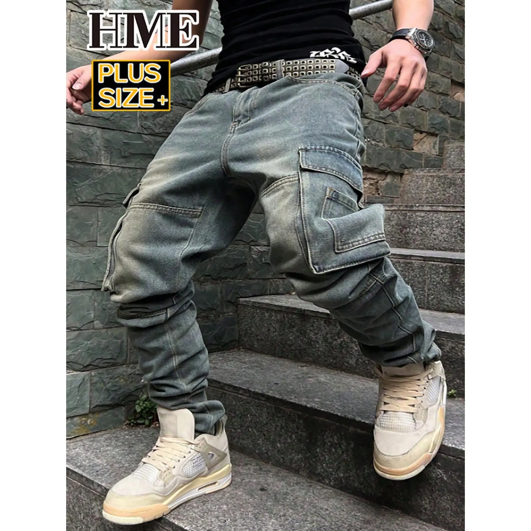 Big & Tall Men's Cargo Jogger Jeans Cotton Blend Stretch Vintage Washed Denim Streetwear Pants