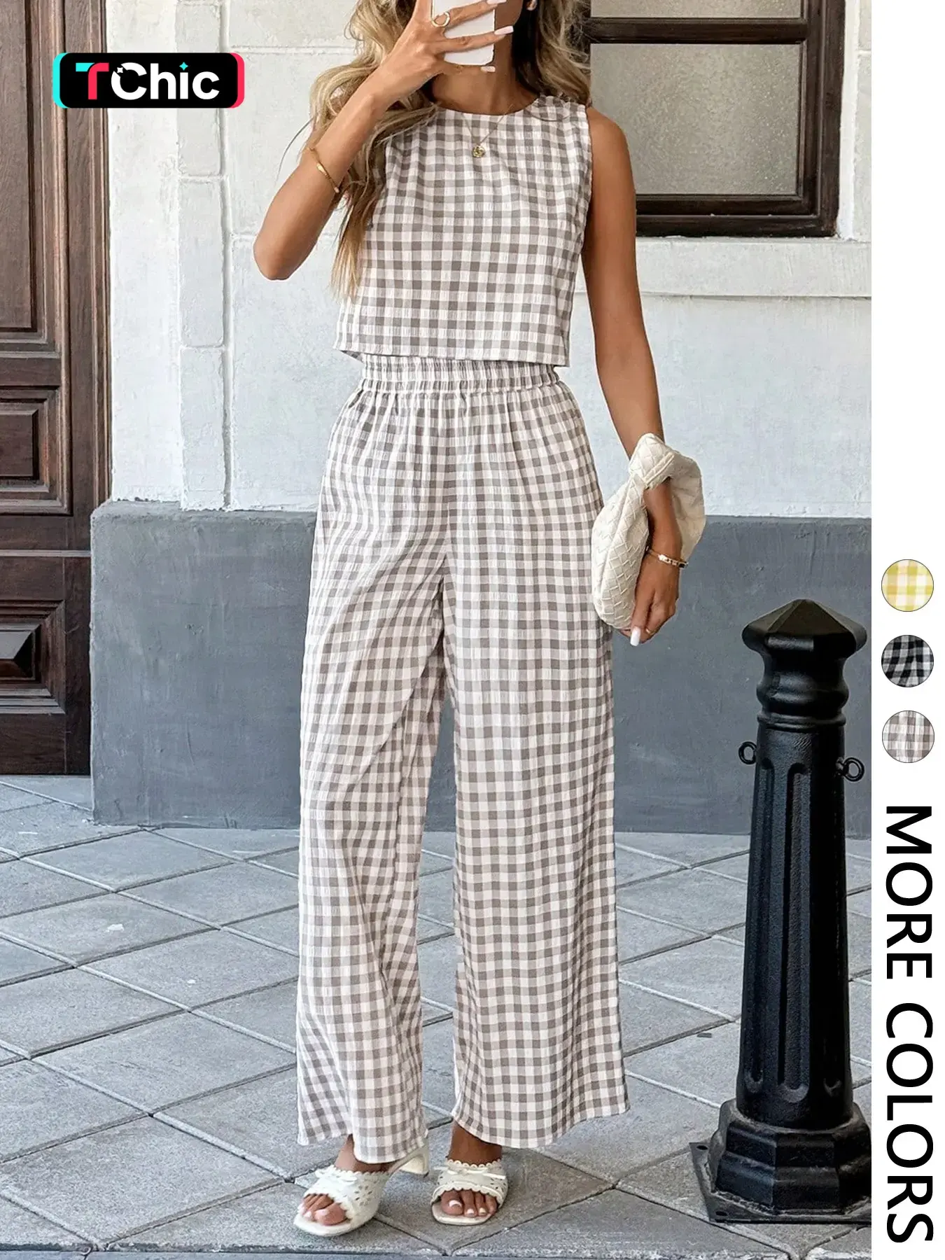Women's Casual Fashion Vacation Set, Baggy Plaid Sleeveless Vest with Back Buttons and Loose Long Pants Two-Piece Set