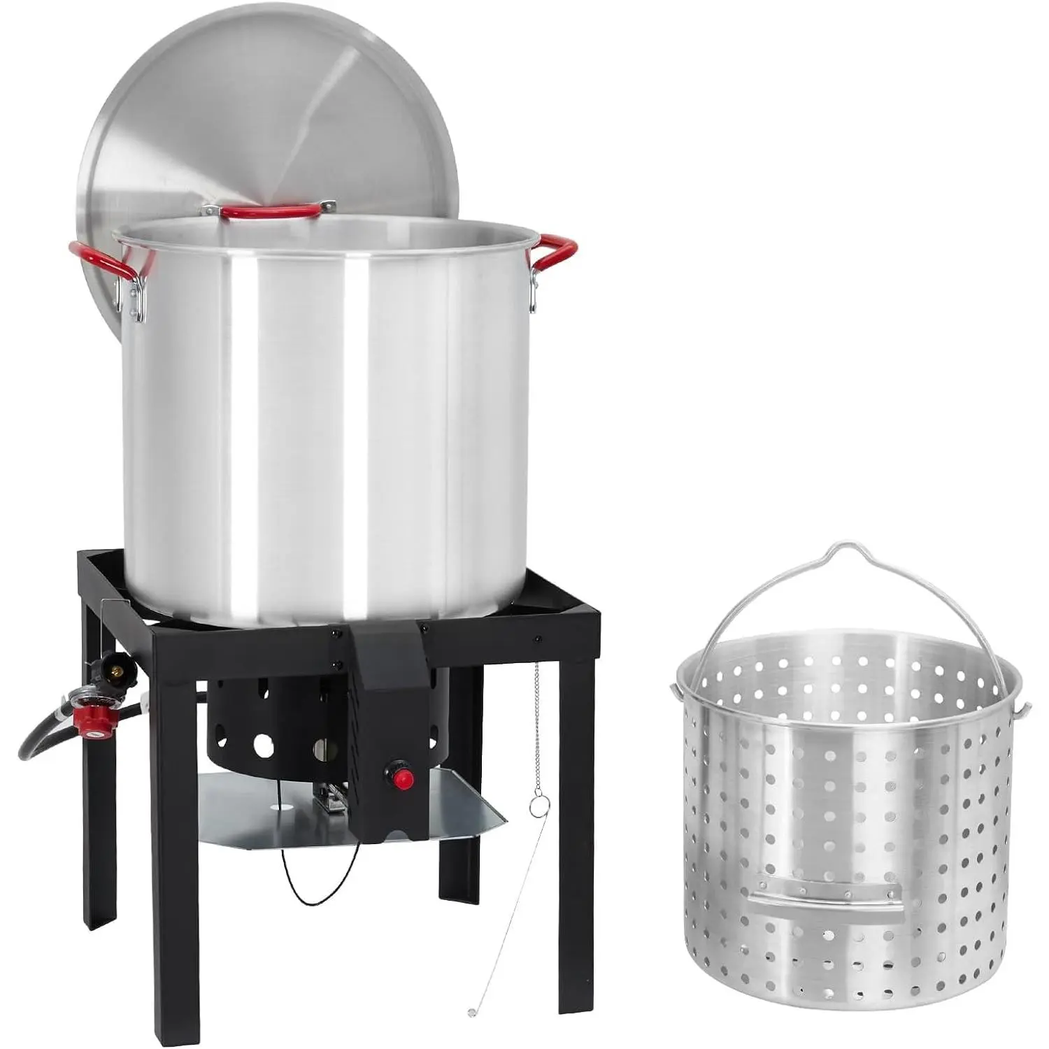 Powerful 110,000 BTU Propane Outdoor Fryer - 100QT Aluminum Seafood Boil Pot Kit with Strainer Basket - Large Capacity Cooker for Crawfish, Crab, Lobster, Shrimp, Turkey Frying - Ideal for Backyard and Patio Cooking