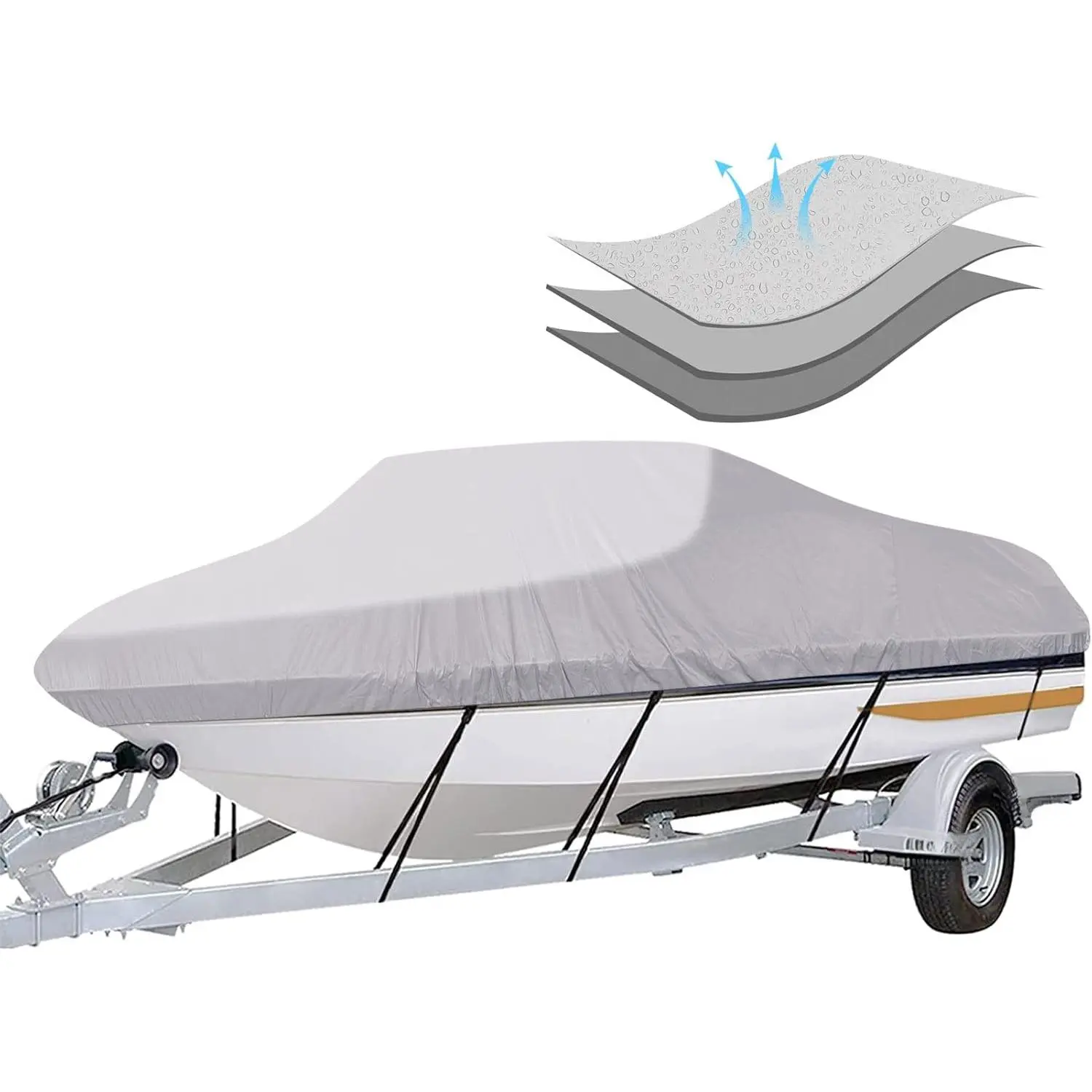 Trailering Boat Cover - 17'-19' Long Heavy-Duty Waterproof Tarp with Storage Bag, Adjustable Strap Tightening System, Heavy-Duty Elastic Cord, Fits V-Hull, Fish&Ski Boats, 96in Wide, Beam Width Up to 96