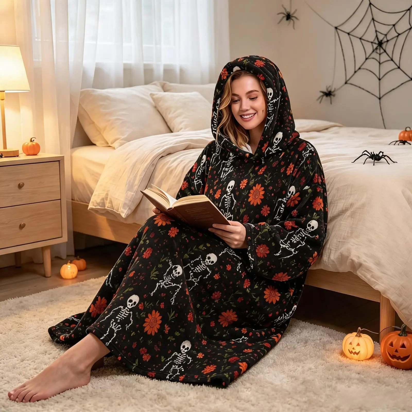 1pc Pullover Hooded Flannel Wearable Blanket, Dark Base Printed with Dancing White Skeletons, Red-Orange Flowers & Green Leaves, Soft Skin-Friendly All-in-One Loungewear Robe, Warm Gift for Wife, Mother, Ideal for Couple Birthdays, Christmas, Holiday