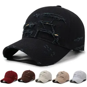 Vintage Distressed Hole Baseball Cap Washed Cotton Frayed Ripped Dad Hat Camo Lining Streetwear Adjustable Trucker Hat Retro Destroyed Outdoor Sun Hat Fashion Casual Headwear For Men Women Multiple Color Options.