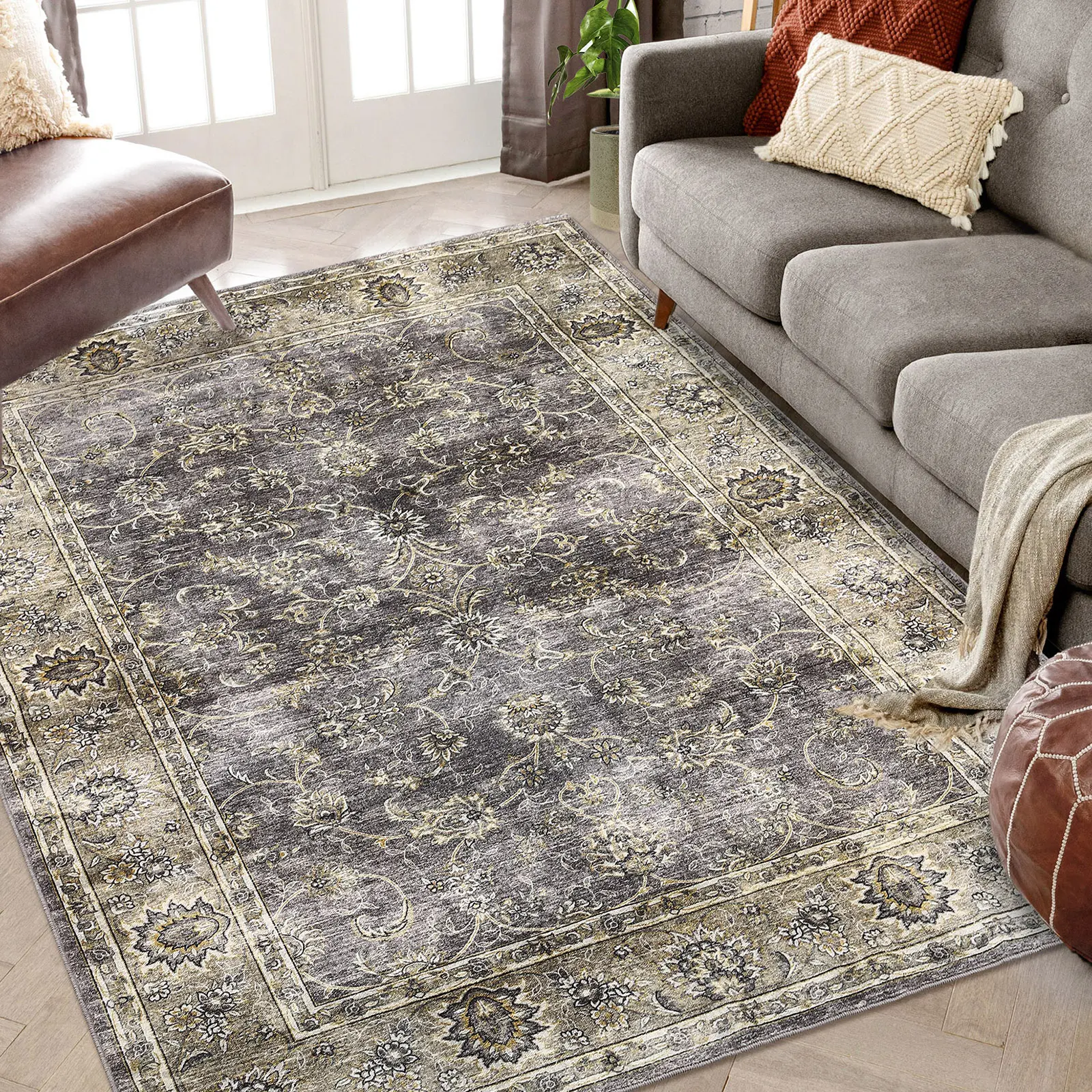 Vintage-style Printed Rug Washable Area Rug Oriental Floral Rug Large Size Non-shedding Ultra-thin Foldable Stain-resistant Non-slip for Living Rooms Bedrooms and Farmhouses