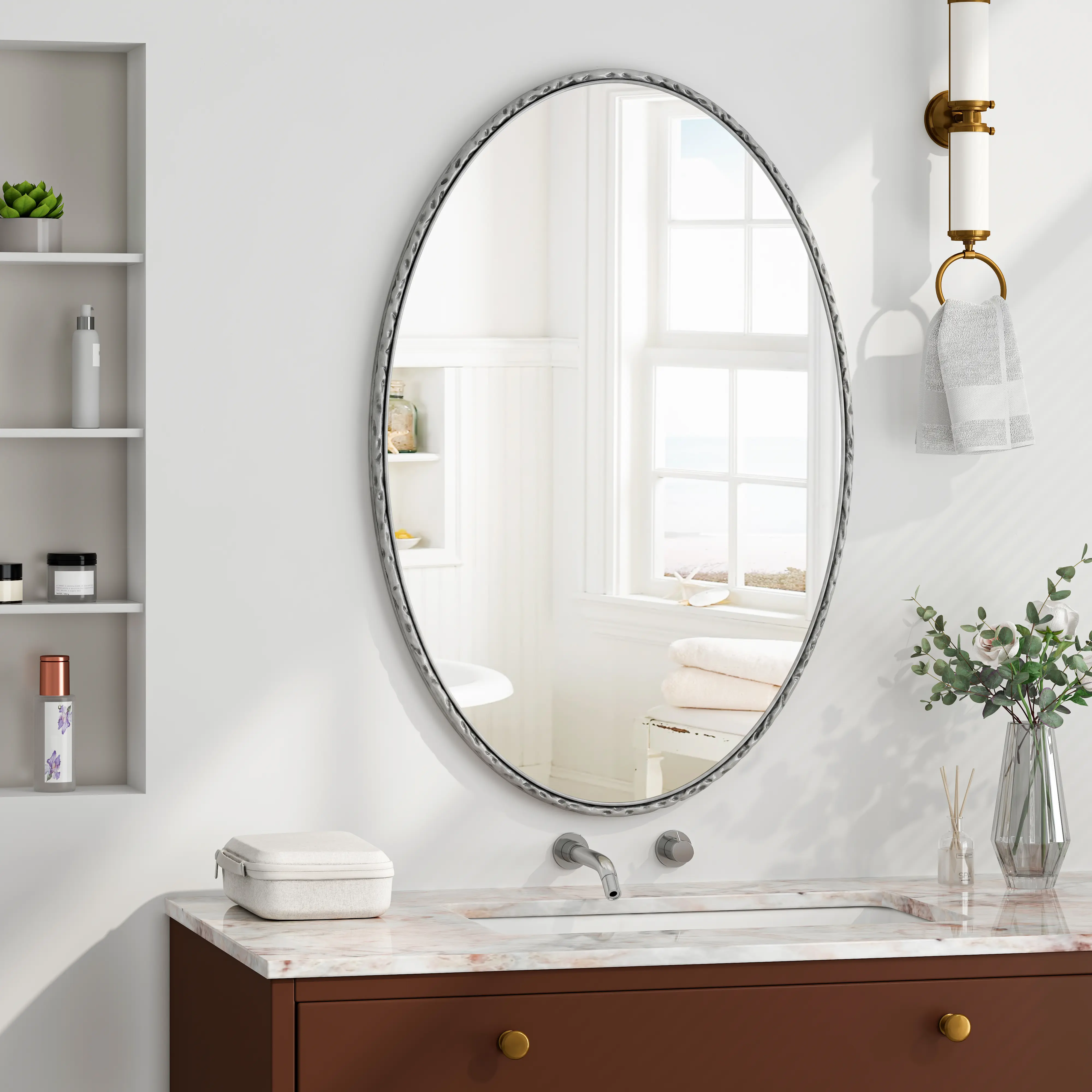 Nokaa Oval Wall Mirror Iron Art Antique Silver Glass MDF Retro Hanging Mirror for Bathroom Bedroom Living Room, Vertical or Horizontal Mount, Easy Install, 25.6x39.4 Inches, Silver Finish