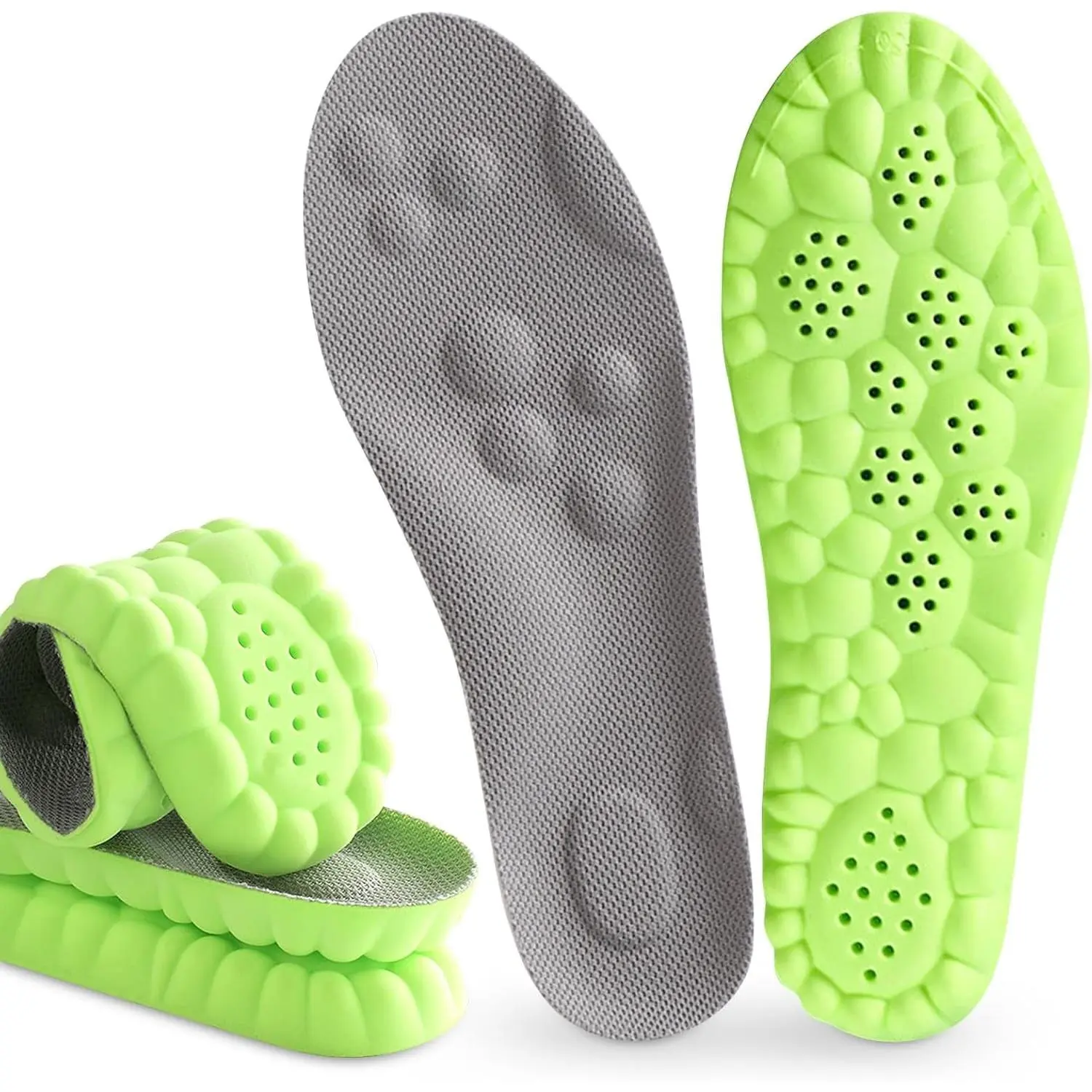 Pickleball Insoles, 4D Memory Foam Arch Support Inserts, Shock Absorbing, Anti-Slip Massage Support, Breathable Comfort for Walking & Sports(Green, Men 6-7/Women 8-9)