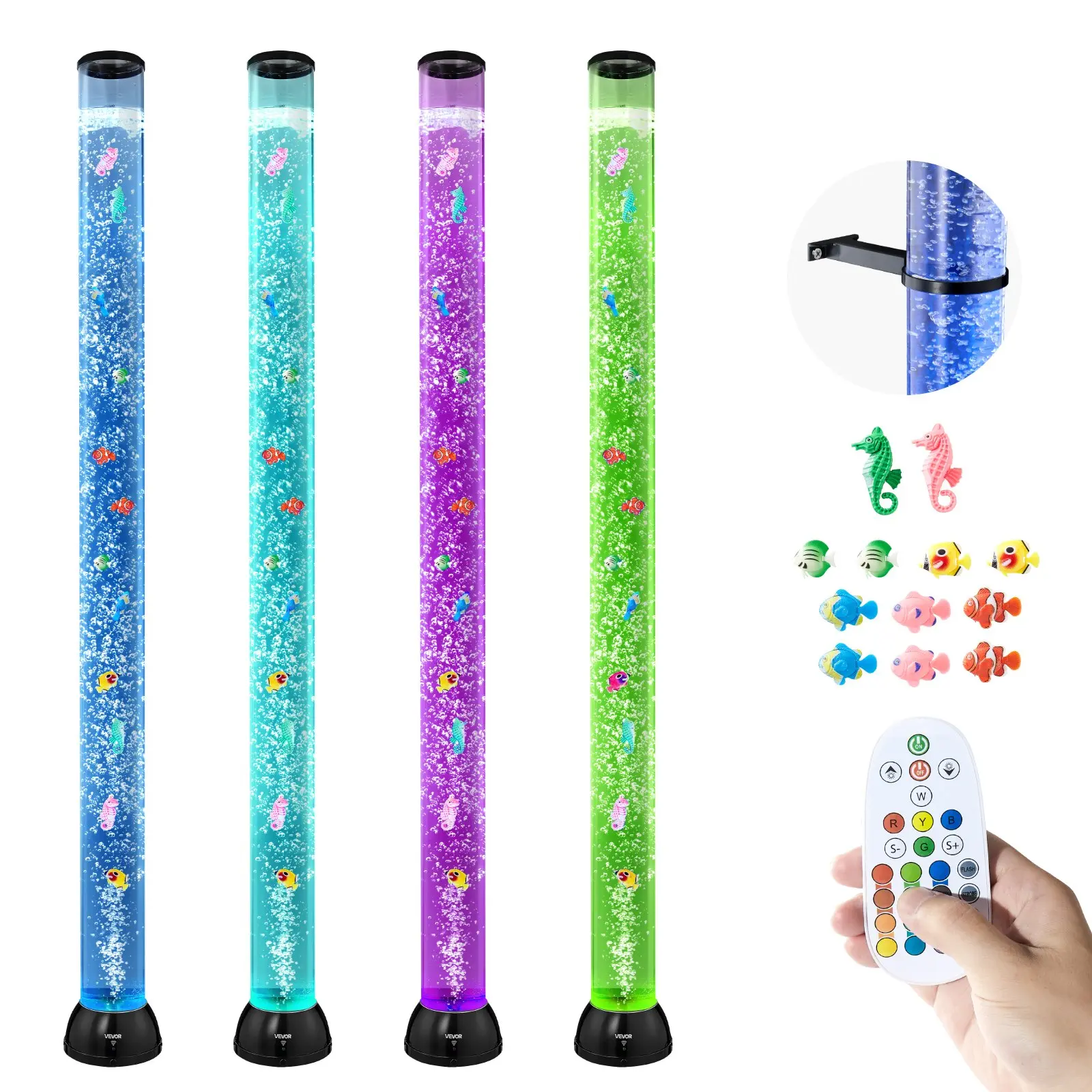 VEVOR 5 ft Sensory Bubble Tube Lamp Hanging Decor, ABS Plastic, 10 Floating Fish, 16 Color Effects, Remote Control, Calming Jellyfish Light Effect, Quiet Operation, Stress Reliever for Bedroom Living Room Home Use
