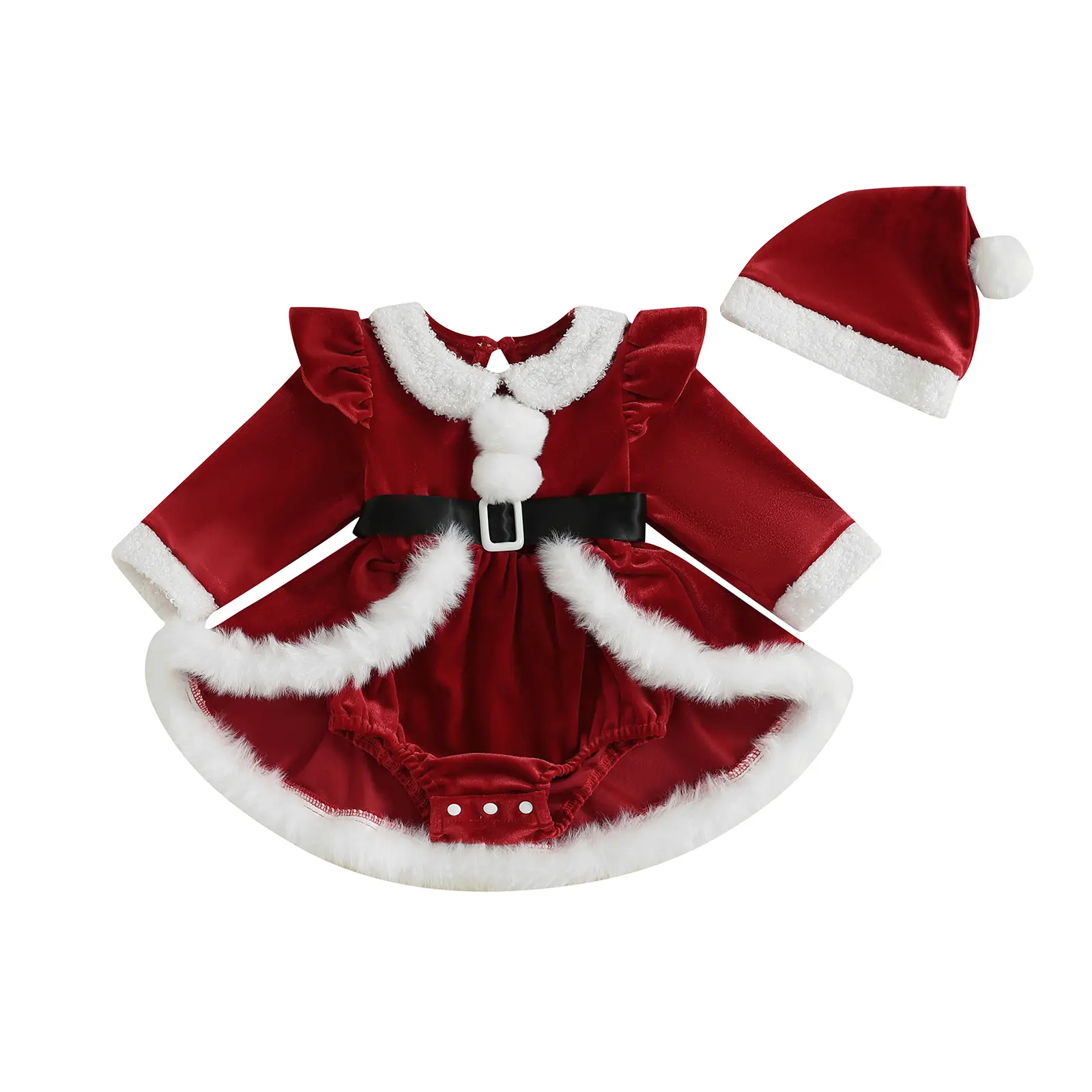 Baby Girls Christmas Romper Dress Plush Patchwork Long Sleeve Jumpsuits and Cute Santa Hat Set for Newborn Outfits