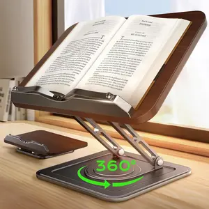 Adjustable 360° Rotating Book Stand for Reading, Ergonomic Cookbook Holder with Elastic Page Clips for Recipe Magazines Tablets Laptops, Black