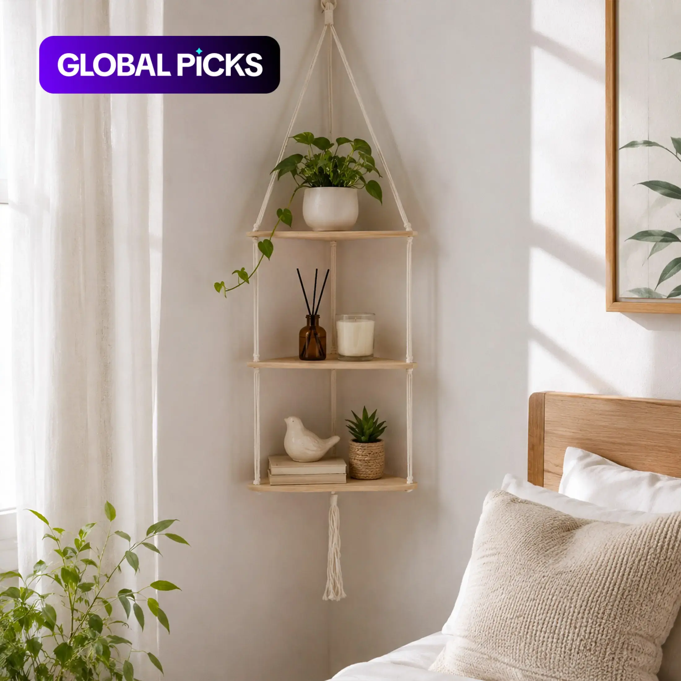 Wooden Wall-Mounted Space Saving Design Hanging Rack, 1 Count Boho Triangle Corner Wall Shelf, Home Decor Room Accessories for Bedroom, Living Room or Study #GLOBAL PICKS