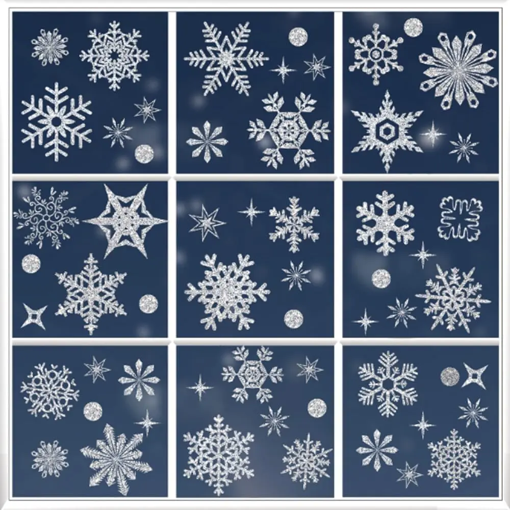 Winter Glitter Snowflake Window Clings, 9 Sheets  Christmas Static Snowflake , Christmas Stickers for Window Display Holiday Party Decorations