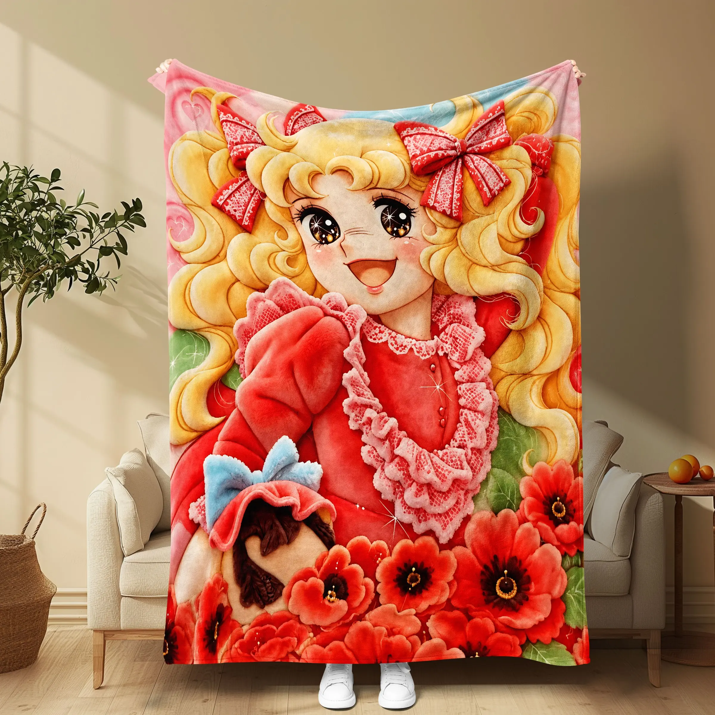 Vintage Anime Candy Candy Blanket, Soft Flannel, Retro Showa Style, Girl with Blonde Hair and Poppy Flowers, Perfect for Photography and Gifting, Cartoon Pattern Blanket