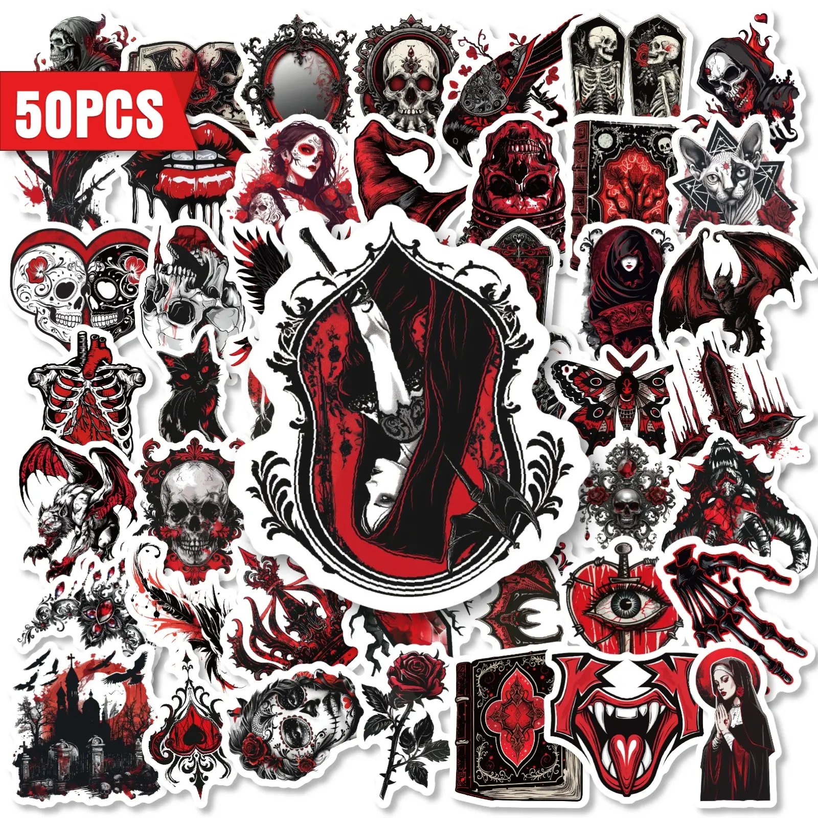 50pcs Halloween Gothic Premium Skull Stickers, Office Stickers, Skull Decal, Suitable for Scrapbooks, Diaries, Laptops, Water Bottles, Cars, Etc. A Gift with A Positive Message and A Belief-based Design.