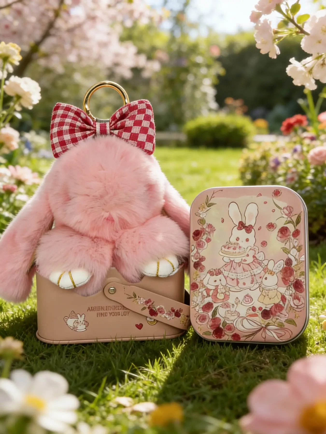 Back to School Gift | Handmade Plush Bunny Keychain with Plaid Bow & Rose Tea Tin Gift Box | Cute Kawaii Bag Charm, Fluffy Keychain, Keychain Pendant, Stress Relief Gift for Girls, Friends & Classmates