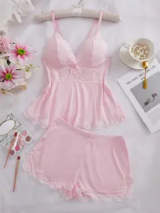 Women's Solid Color Lace Trim Cami Top & Shorts Pyjama Two-piece Set, Cute Casual Comfy Soft Camisole & Shorts PJ Set Pajamas, Women's Sleepwear & Loungewear Homewear for All Seasons, Lingerie, Womenswear