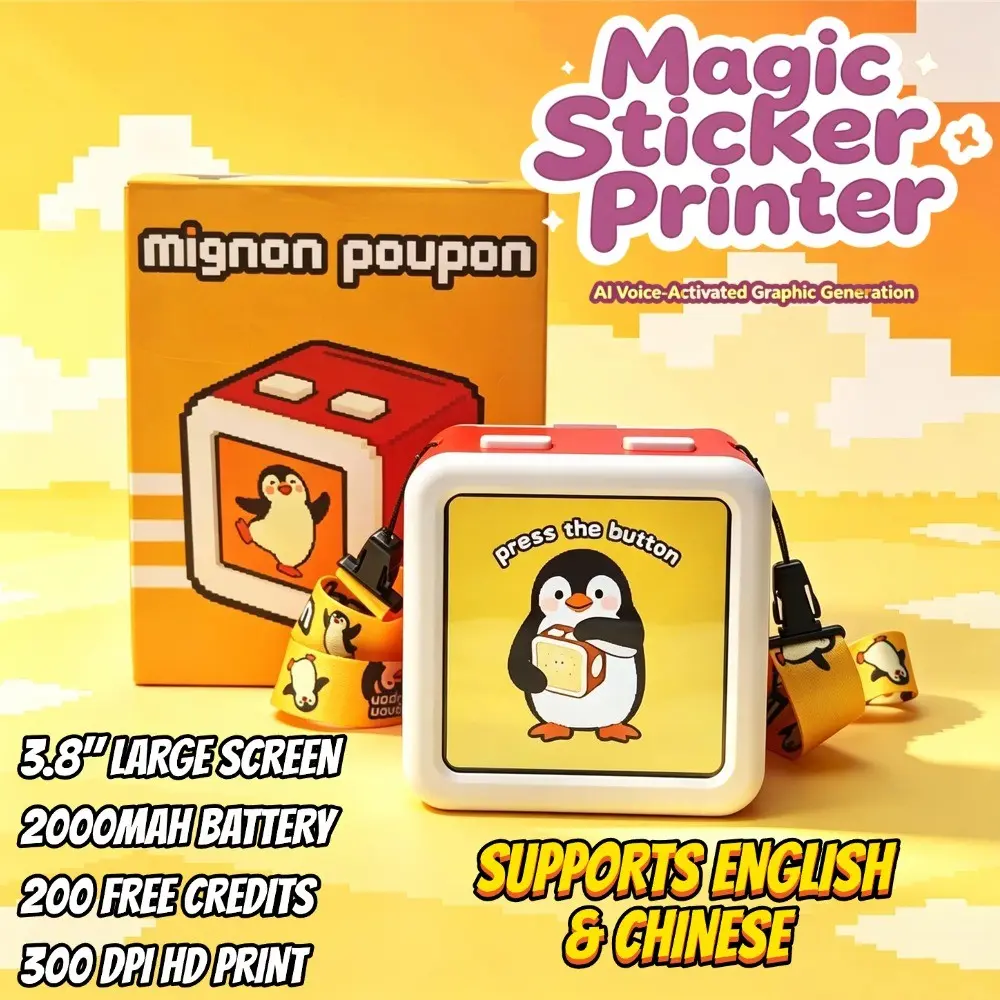 MignonPoupon ai voice printer  ai toys  stickerb, Portable Thermal Inkless Sticker Printer for Kids, Mess-Free Printing with 3.8" Preview Screen, 2.4G WiFi Only, Includes 5 Sticker Rolls, 8 Colored Pencils, Carrying Strap & Coloring Book, Gift for Kids