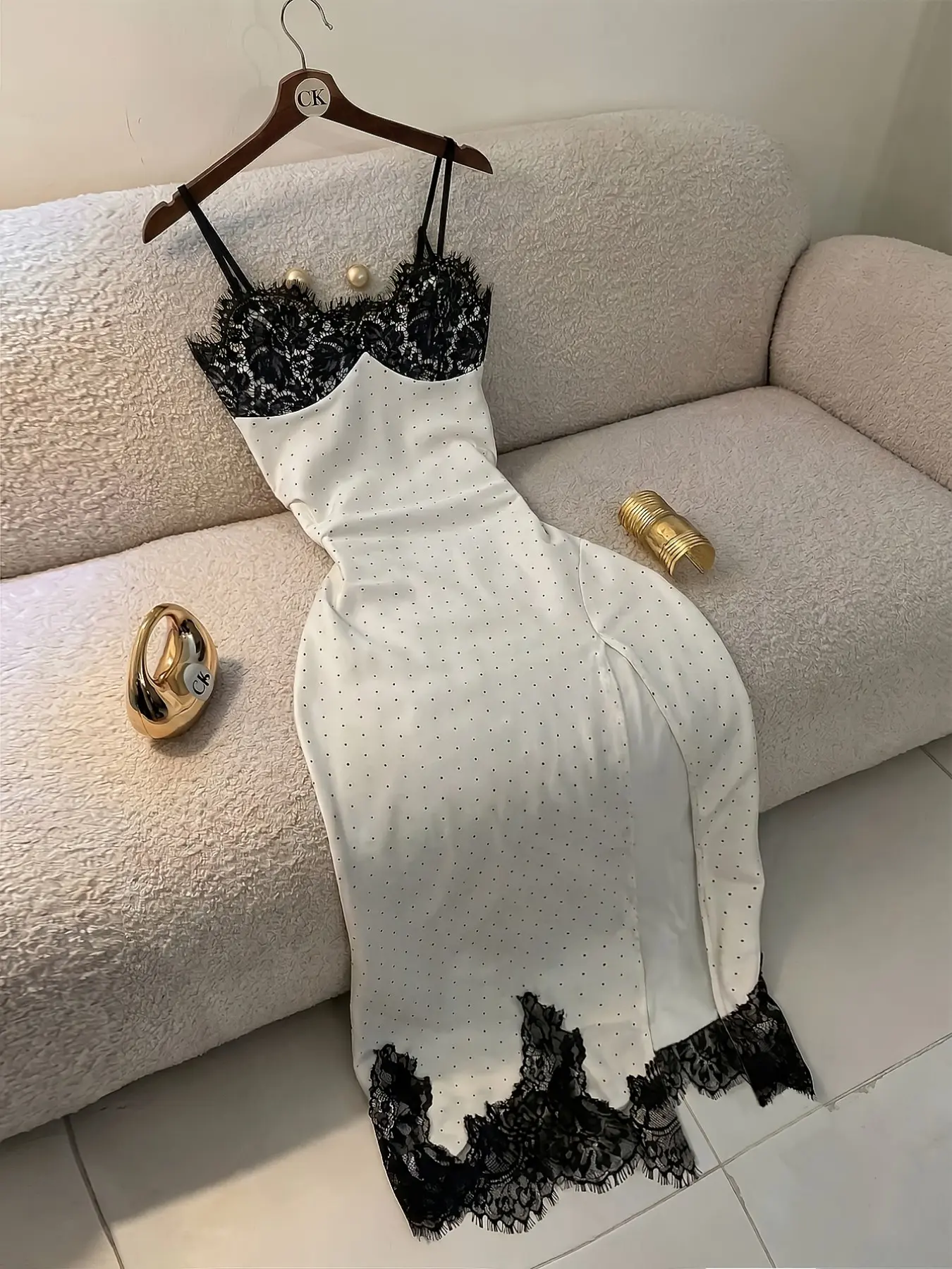 French Vintage Polka Dot Strapless Long Dress, Lace Trim V Neck, High Split Slit Design, Slimming Pure Desire Style Dress, Aesthetic