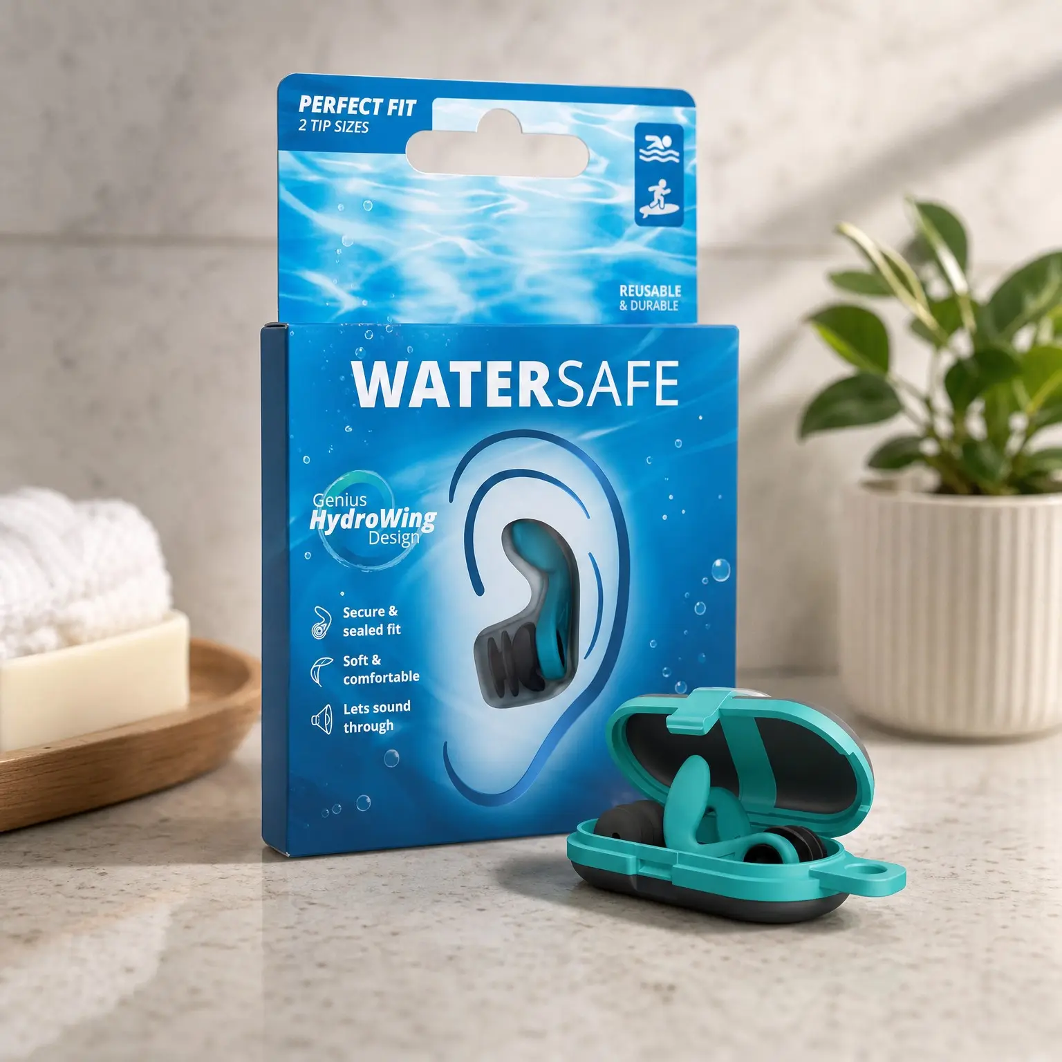 Ear Plugs for Swimming, Surfing & Water Sports | Keep Water Out & Hear Sound Clearly | Secure, Soft, Comfortable & Reusable | 2 Tip Sizes (M/L) | 1 Pair