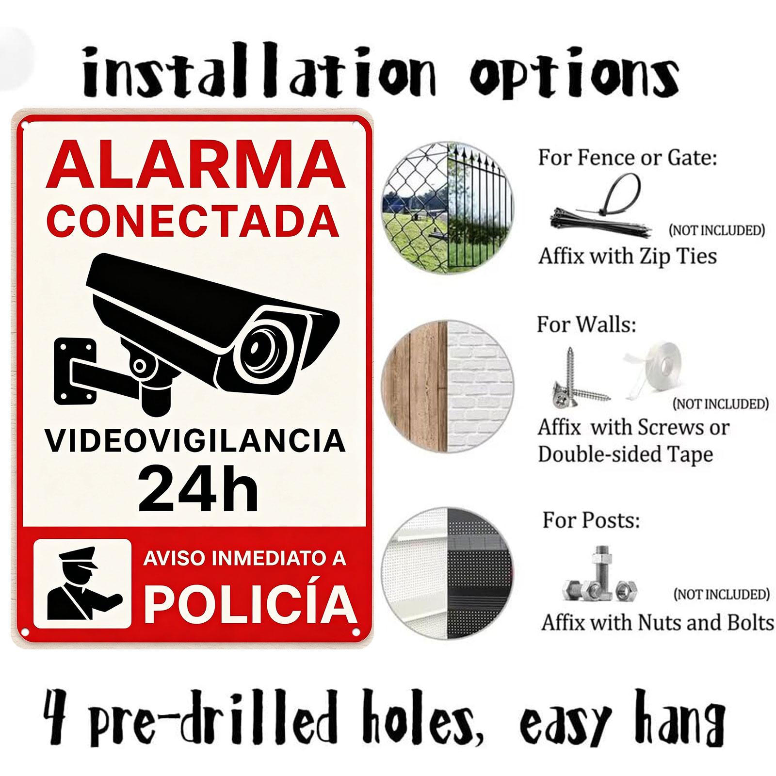 "Alarm Activated 24H Video Surveillance" 8x12 Inch Aluminum Metal Sign - Spanish Security Wall Decor for Home, Yard, and Gate - Retro Tin Poster with Camera & Police Alert Design - Durable, Weatherproof, and Easy to Hang - Ideal for Property Protection