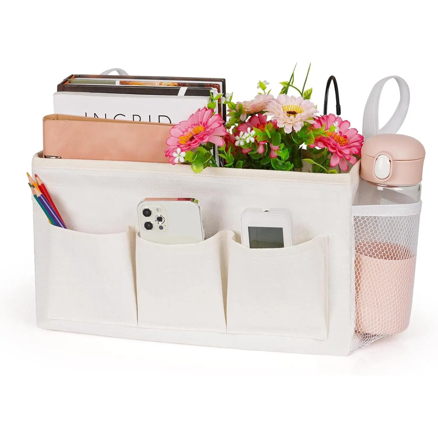 Bedside Caddy Storage Organizer with Fixed Straps and Water Bottle Holder for Home, College, Dorm, Bunk/Hospital/Crib Bed Rails, White