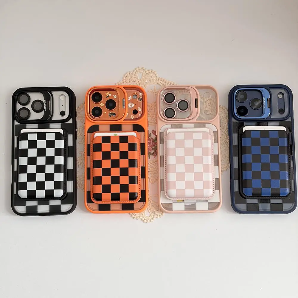 Black Transparent Checkerboard MagSafe Protective Cellphone Cover - Magnetic Lock Shockproof, Anti-Scratch Casing with Foldable Camera Stand, Card Holder for iPhone 17 Pro Max/16/15 & Samsung Galaxy Devices, Electronics Accessories, Shockproof Shell