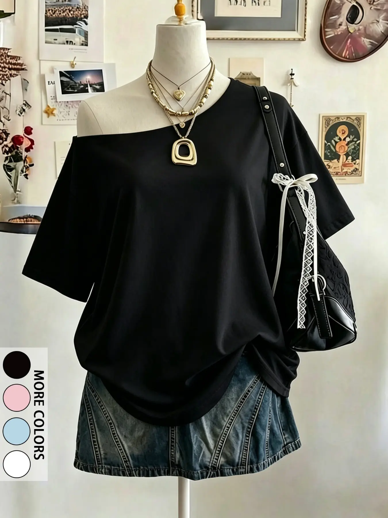 Women's Asymmetrical Off-Shoulder Short Sleeve T-Shirt, Loose-Fit Breathable Soft Elastic Casual Top, Blue, 4 Solid Colors