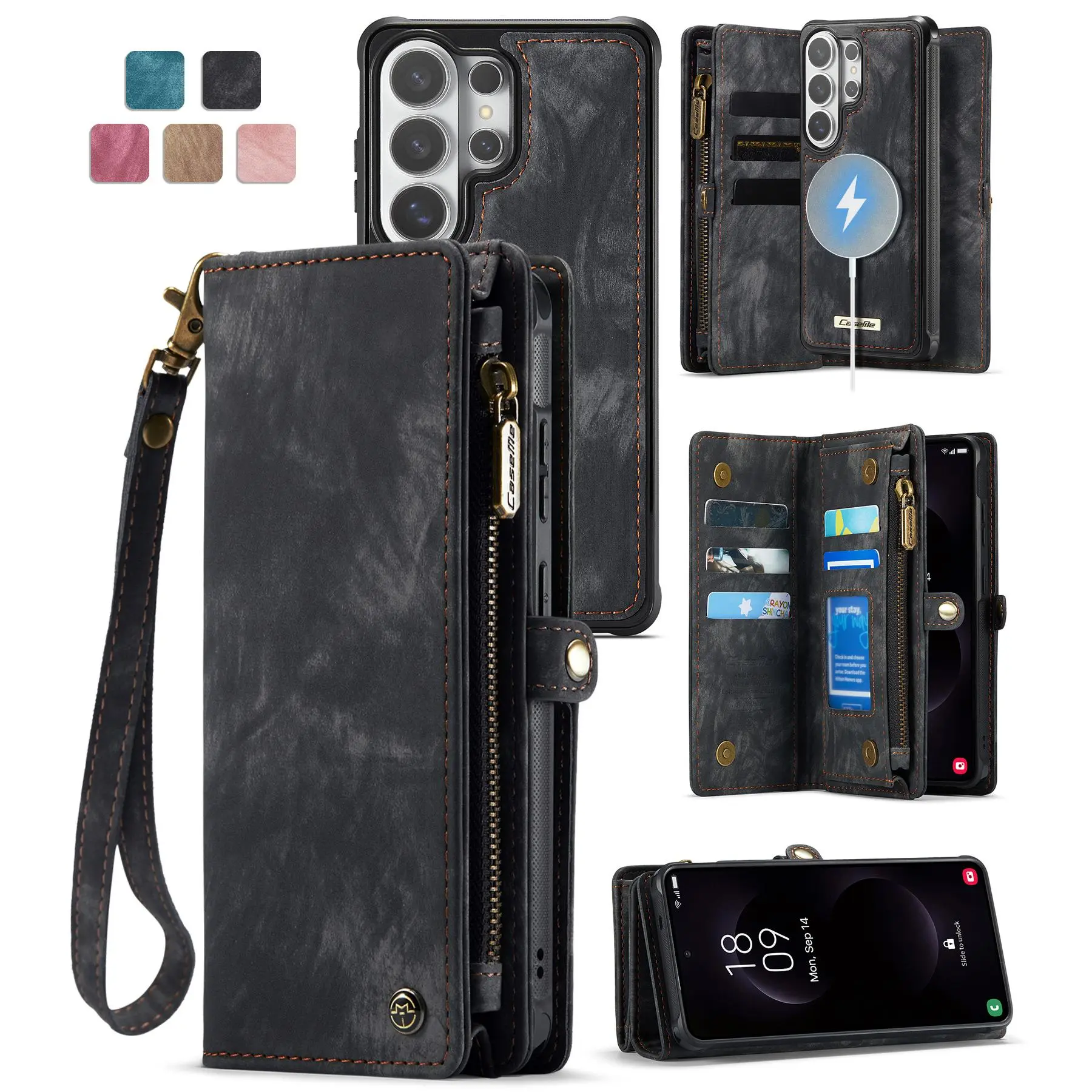 Case Me 008 2-in-1 Detachable Magnetic Leather Smartphone Casing - Secure Anti-Theft Zipper Card Holder Wallet, Shockproof Handheld Devices Accessory for Samsung ZFOLD8 S26 Ultra A57 Galaxy S22-S26 S23 Series & iPhone 17 Pro Max 16 Plus 15, Protection