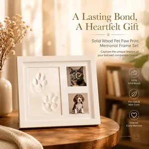 Solid Wood Pet Paw Print Keepsake Frame, Non-Toxic Clay Dog Cat Paw Impression Photo Frame for Pet Birthday & Memorial Gift