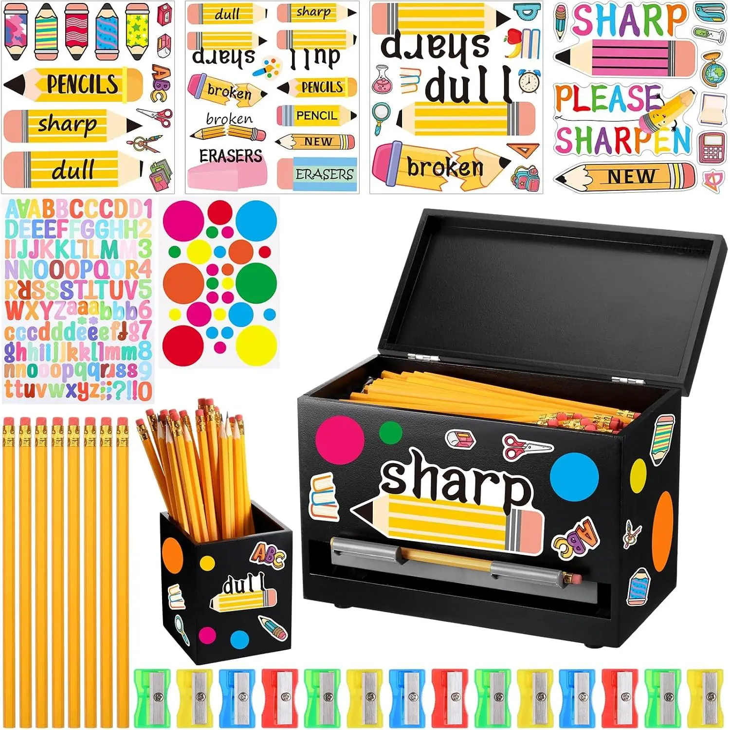 108 count Pencil Dispenser Kit for Classroom Wooden  and Dull Pencil Holder 50 Pencils 50 Sharpener 6 Sticker Classroom Teacher  Have Straw Dispenser for  to School(Black)