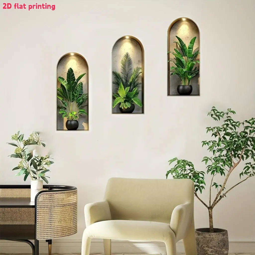 3-Piece Set, Nordic Green Plant Themed Simulated Arched Window Wall Sticker, Self-Adhesive Removable Decorative Sticker, Suitable for Wall Decoration in Living Rooms, Dining Rooms and Study Rooms, Household Decoration Supplies