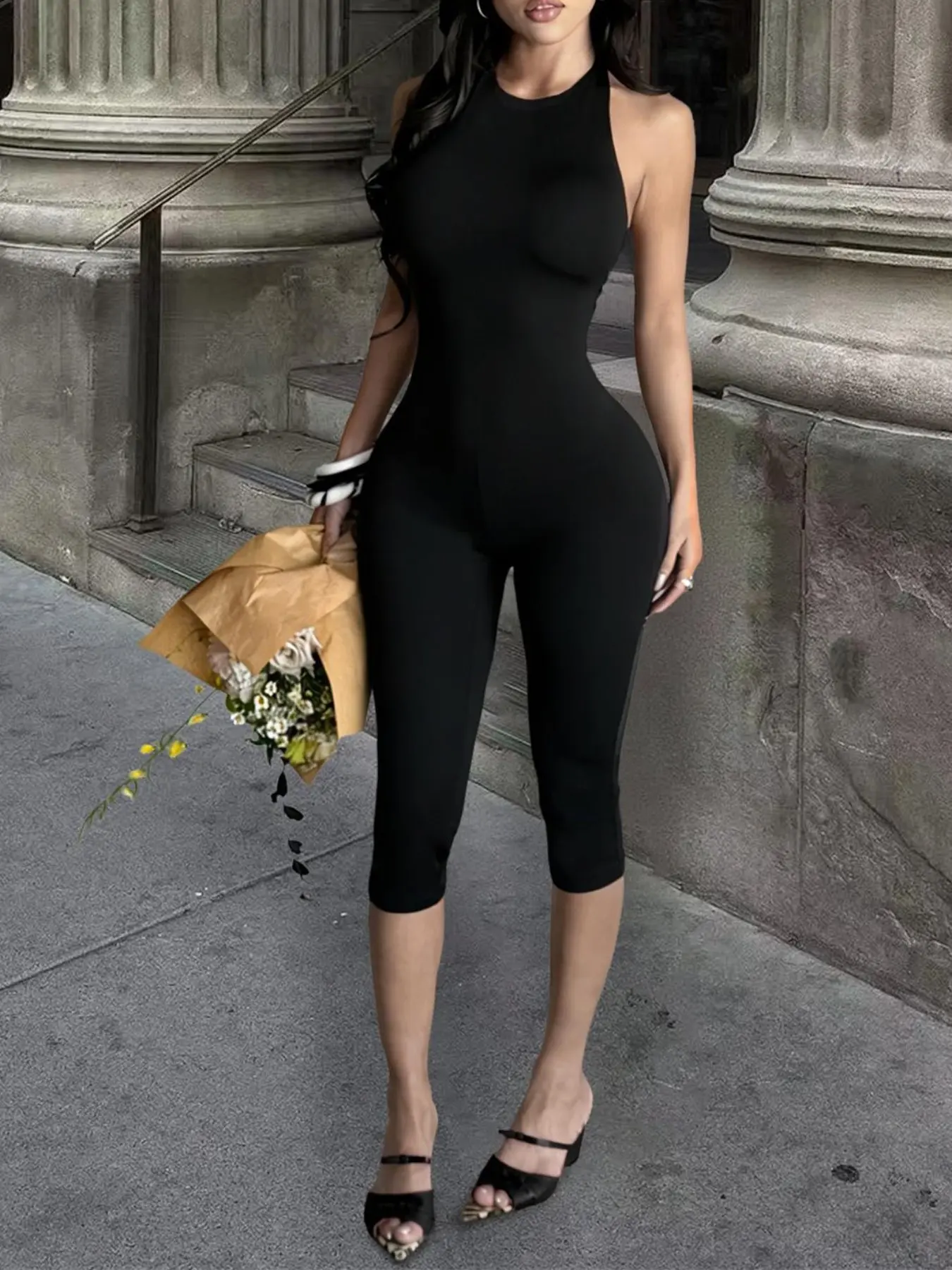 Women Black Halter Capri Nightclub Style Jumpsuit Sleeveless Bodycon One Piece Outfit Sexy Chic Backless Slim Fit Catsuit Casual Stretchy Romper Elegant Going Out Clubwear Yoga Loungewear Sculpting Unitard