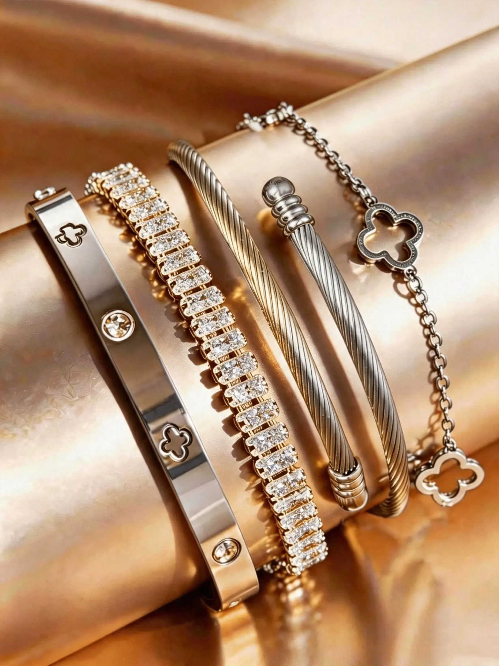 4-Piece Luxury Stainless Steel Rhinestone Bracelet Set, Vintage Elegant Women's Jewelry, Crystal Bracelets, Perfect for Daily Wear, Gifts, Parties, Holidays