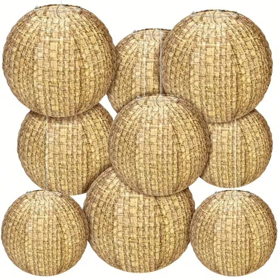 6pcs Burlap Paper Lanterns, Bohemian Style Hanging Decor, Farmhouse Design, Natural Hemp Texture, No Power Needed, Easy Installation, Outdoor Decoration