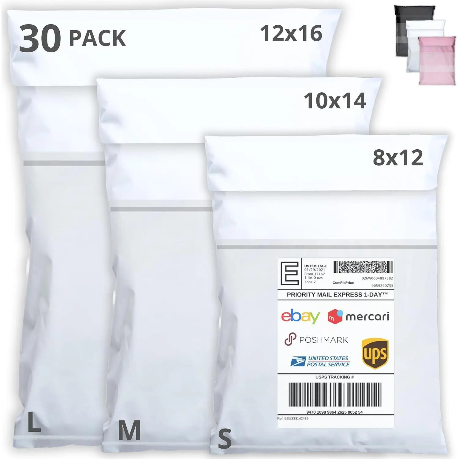 Shipping Bags (30 Pack) with Label Pouch - 8x12, 10x14 & 12x16 - Poly Mailers for Clothes, Self-Seal Plastic Mailing Envelopes -  & Water-Resistant Packaging Bags for Clothing, Not Padded