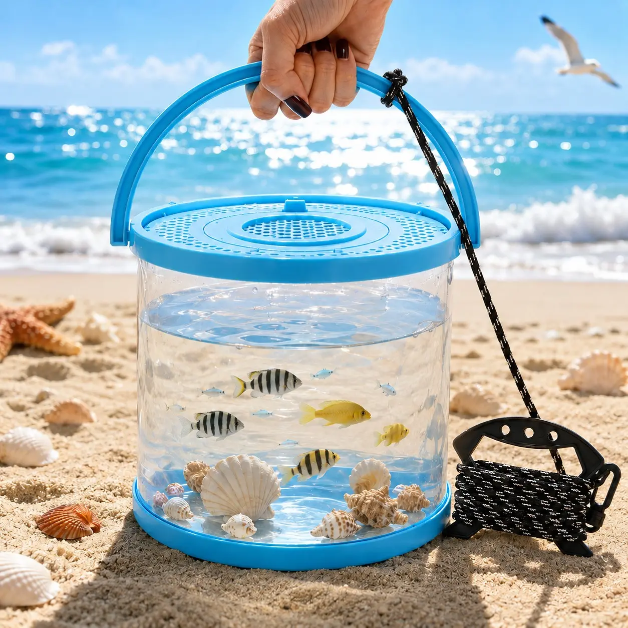 Transparent Folding Fishing Bucket with 3m Water Pump Rope, Portable Lid Live Fish Bucket, Plastic Foldable Fish Bucket for Fishing, Beach, Lake Activities, Blue