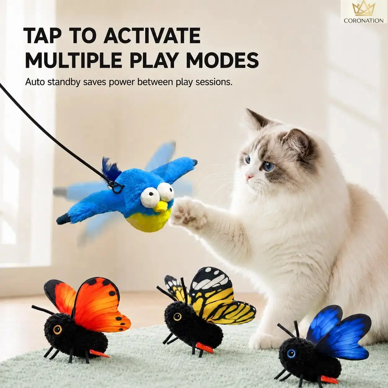 Interactive Cat Toy with Flying Butterfly & Bird, Smart Automatic Cat Teaser Toy with 3 Play Modes, USB Rechargeable Pet Enrichment Toy for Indoor Cats, Self Play Exercise & Boredom Relief, Washable Cover Design