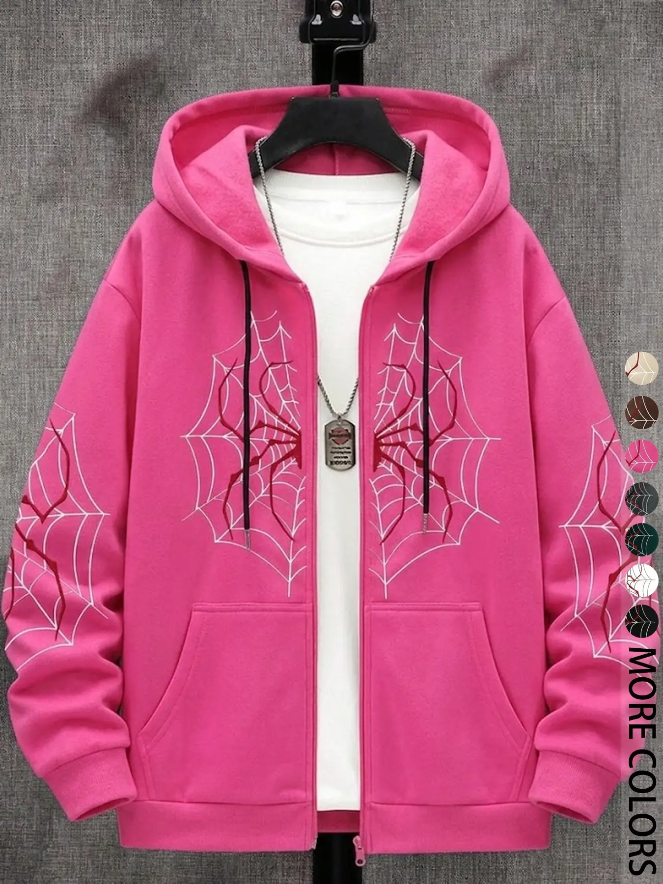 Men's Graphic Spider Web Print Sweatshirt, Zipper Front Hooded Streetwear, Casual Fitted Long Sleeve Top for Fall & Winter