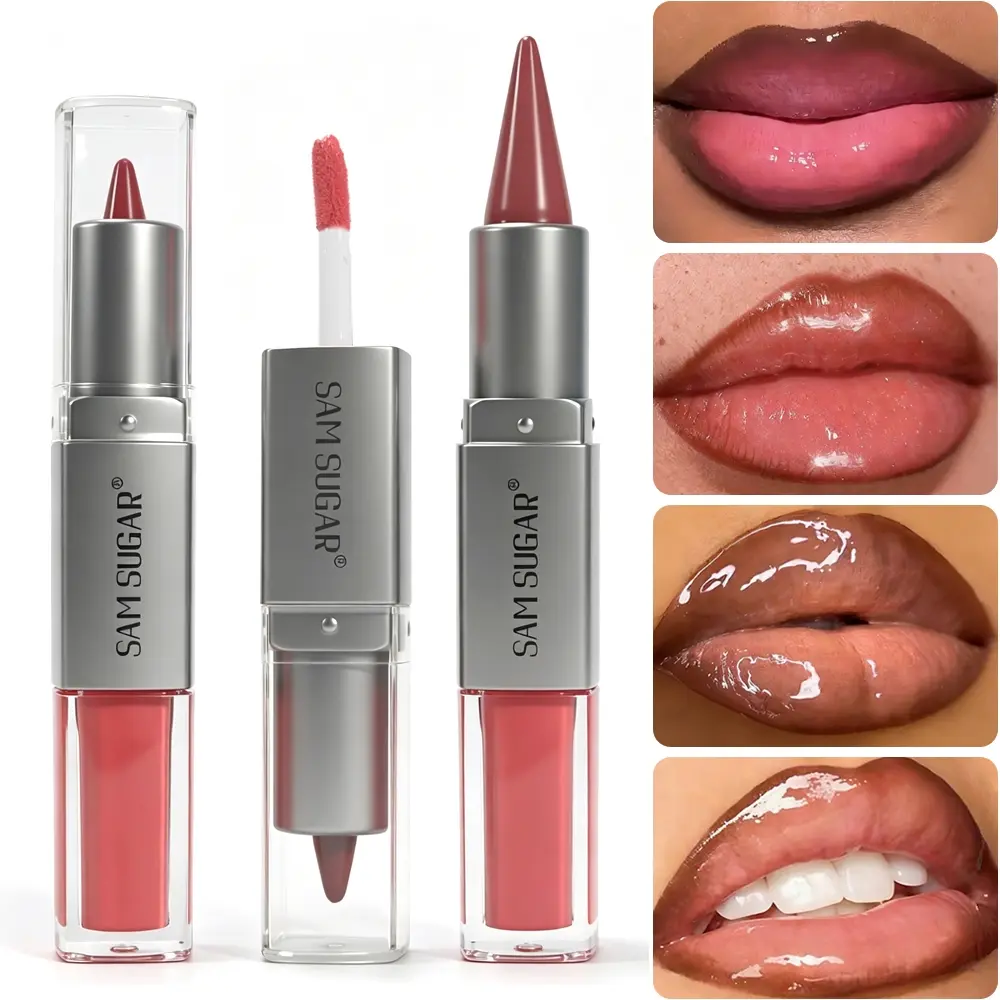 Dual-End Plumping Lip Gloss, Hydrating Mirror Shine Lip Tint Oil, Non-Sticky Long Wear Glossy Lip Makeup for Fuller Lips, Natural Daily Lip Cosmetic