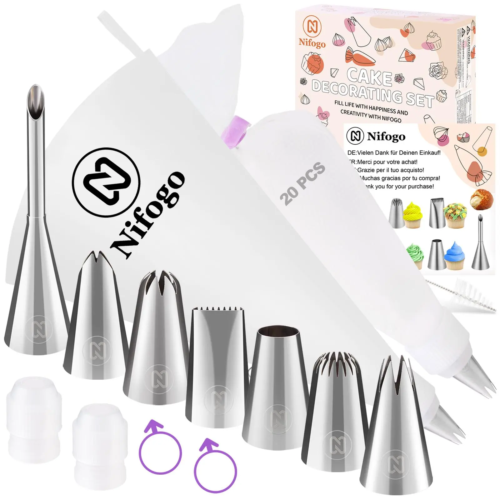 Nifogo 20pcs DIY Cake Decorating Supplies Set - Easy-to-Use 304 Stainless Steel Piping Tips, Reusable Piping Bags, Pastry & Baking Tools for Cakes, Cupcakes