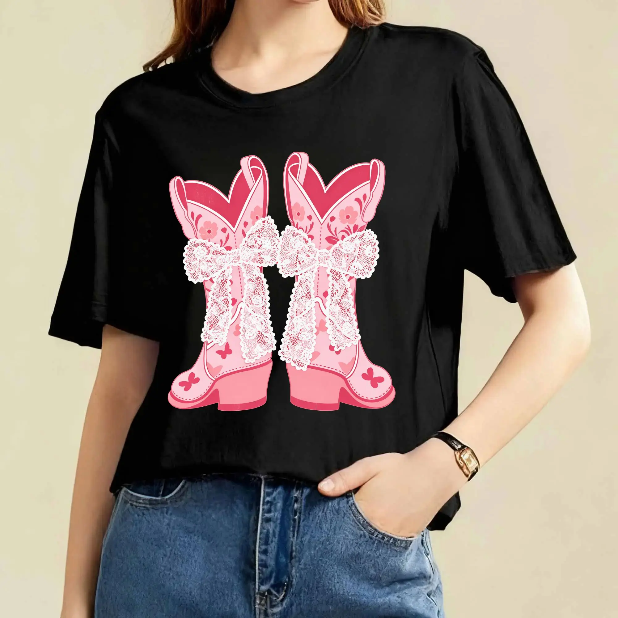 Men's Short-Sleeve Pink Lace Bow Cowgirl T-Shirt - Girly Coquette Western Top, Cotton Fabric, Tshirt, Shortsleeve, Casual, Mama, Loose, Floral, Tee, Round Neck
