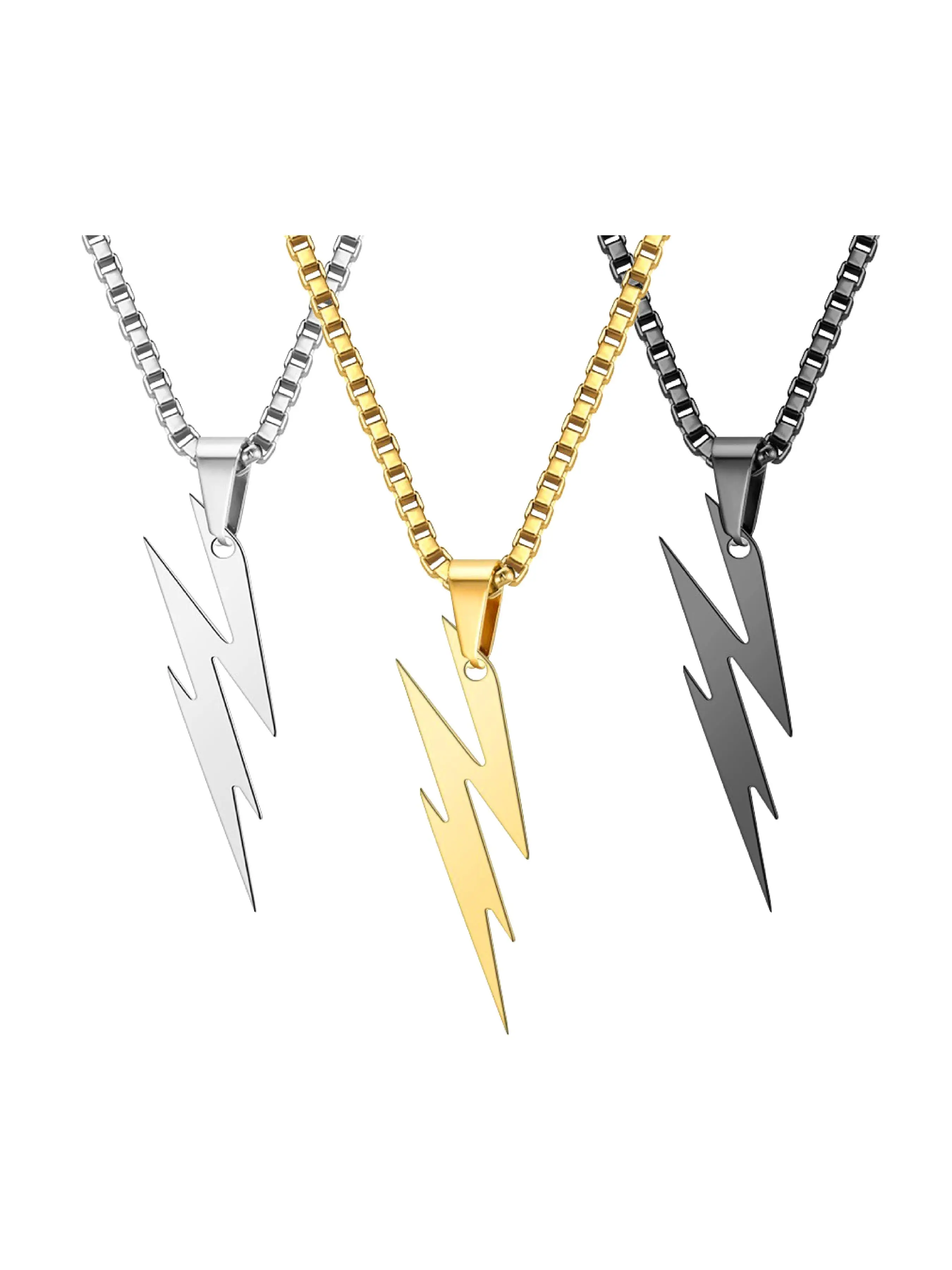 3 Colors Stainless Steel Lightning Pendant Necklace Set, Unisex Fashion Jewelry, Hip Hop Streetwear Gift, Casual All-Season Accessory