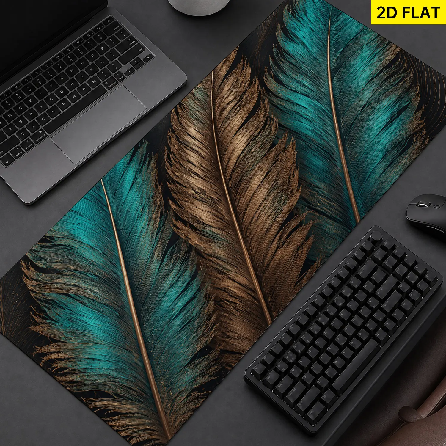 Extra Large Teal and Gold Feather Texture Mouse Pad,Non Slip Rubber Pad,Desktop Decoration Drotection Pad,Washable,Lock Edge Multi Size,Premium Multipurpose Mousepad For Office,Home,Gift for Family and Friends