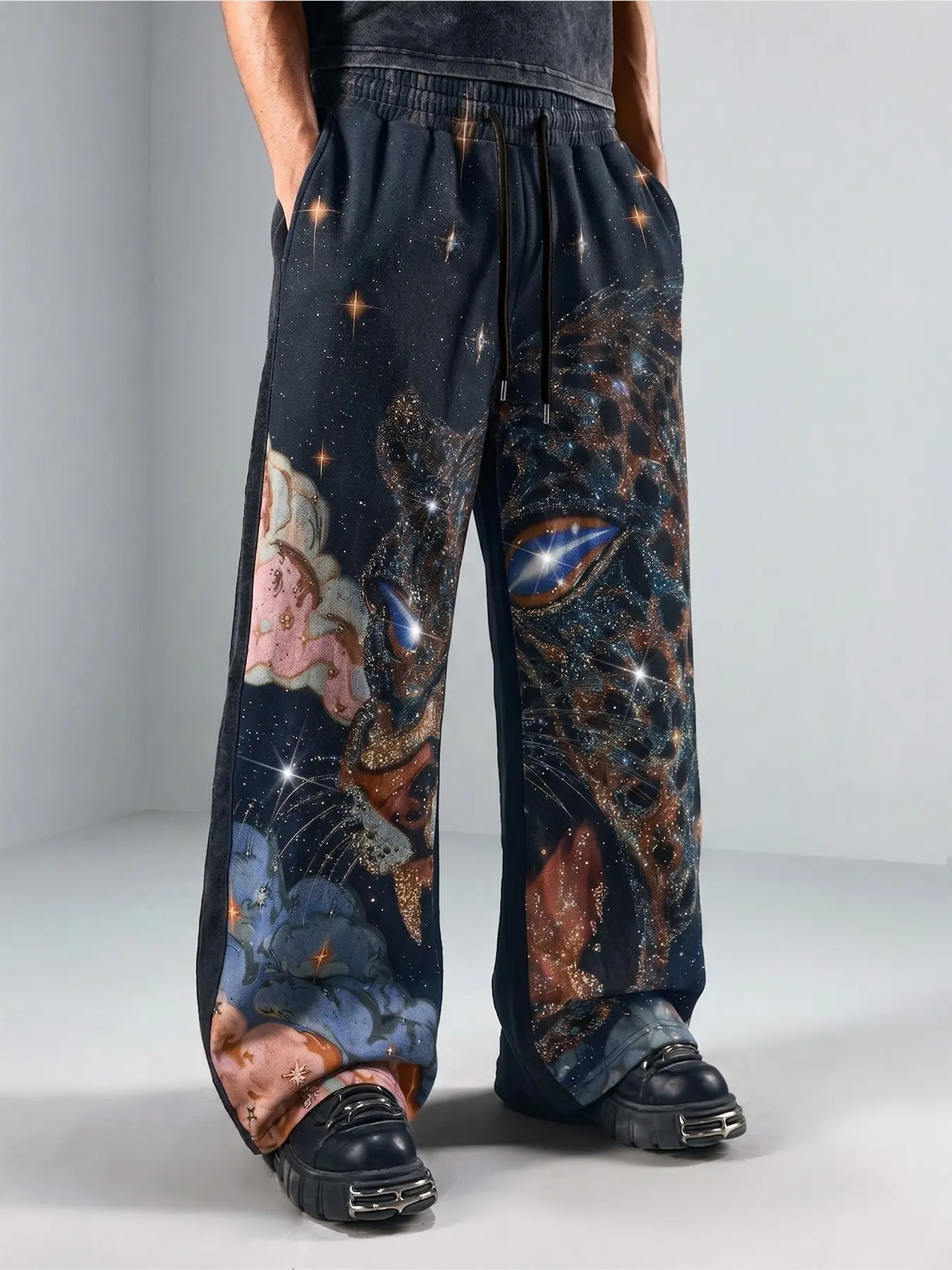 Men's Starry Night Glitter Panther Print Sweatpants, Loose-Fitting Street Style Streetwear, All Seasons, Raised-Fiber Surface, Unlined
